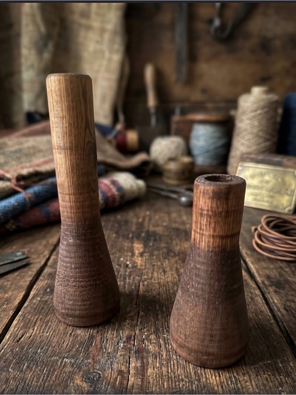 Vintage Hand-Turned Wooden Spools/Candle Holders in Brown